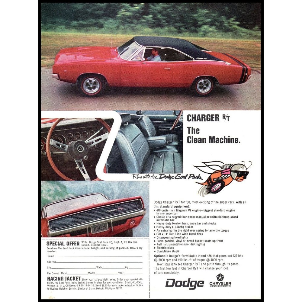 1968 Dodge Charger R/T The Clean Machine Red Sports Car Vintage Print Ad Art